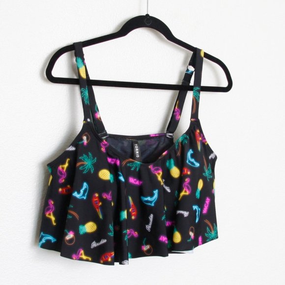 Torrid Neon Lights Flounce Bikini Top Palm Tree Flamingo Black 2X - Picture 4 of 7